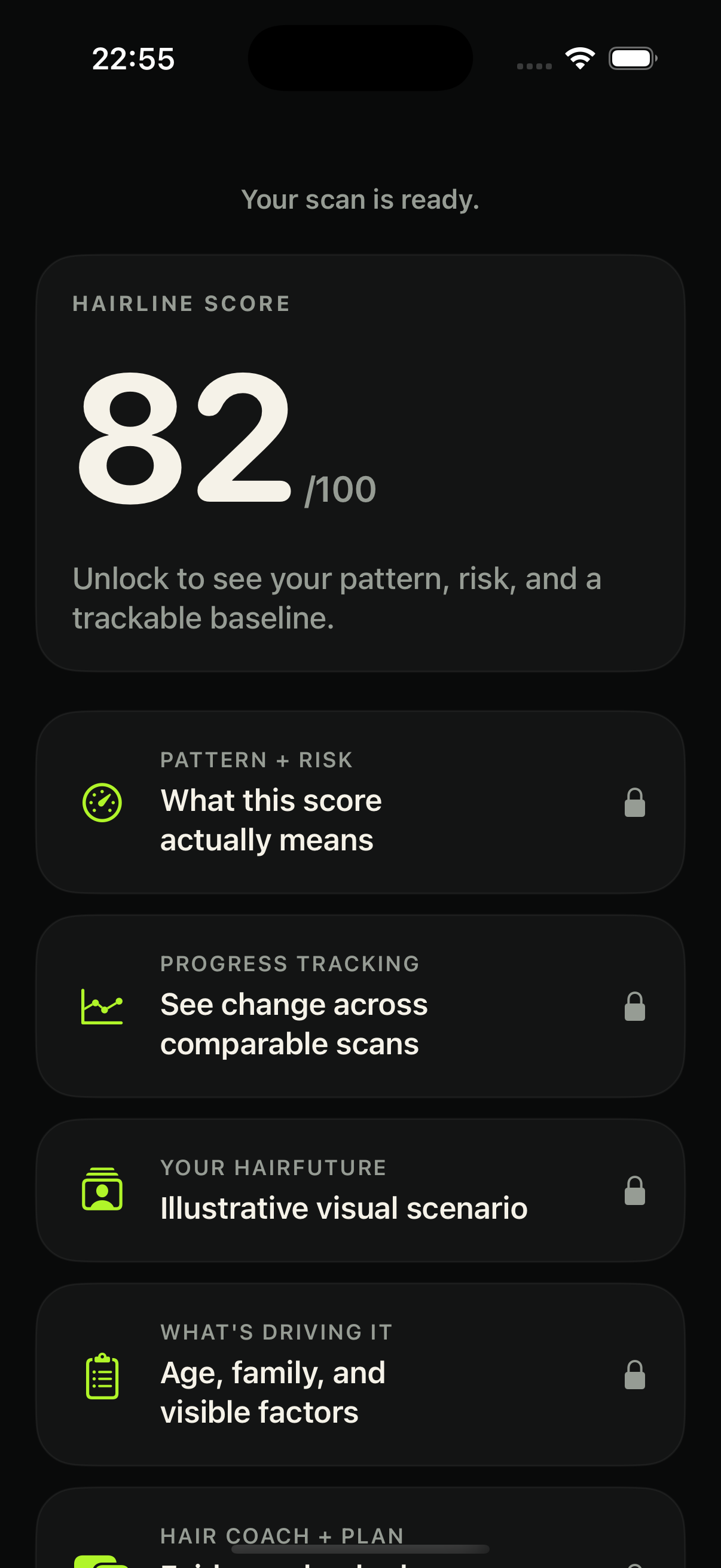Baldly iPhone app example showing a visual hairline analysis result